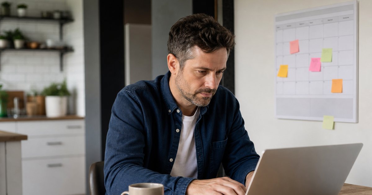 A man working at a laptop at a kitchen table in a home office, coffee mug beside him, a printed wall calendar with sticky notes on the wall behind him