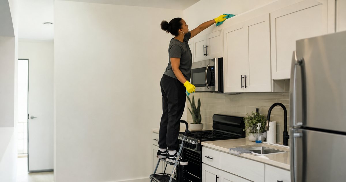 A cleaner on a step stool wiping the top of a kitchen cabinet in a bright rental apartment, oven door open, cleaning caddy on the floor