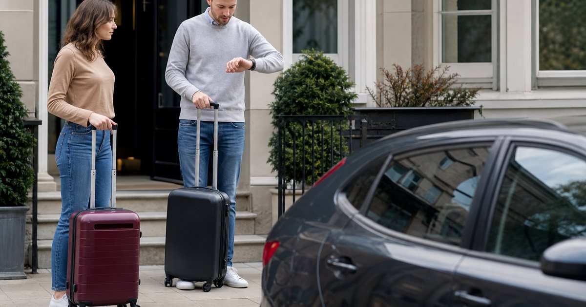 A young couple with rolling suitcases standing on the front steps of a townhouse in early afternoon, one checking a watch, a cleaner's car parked at the curb