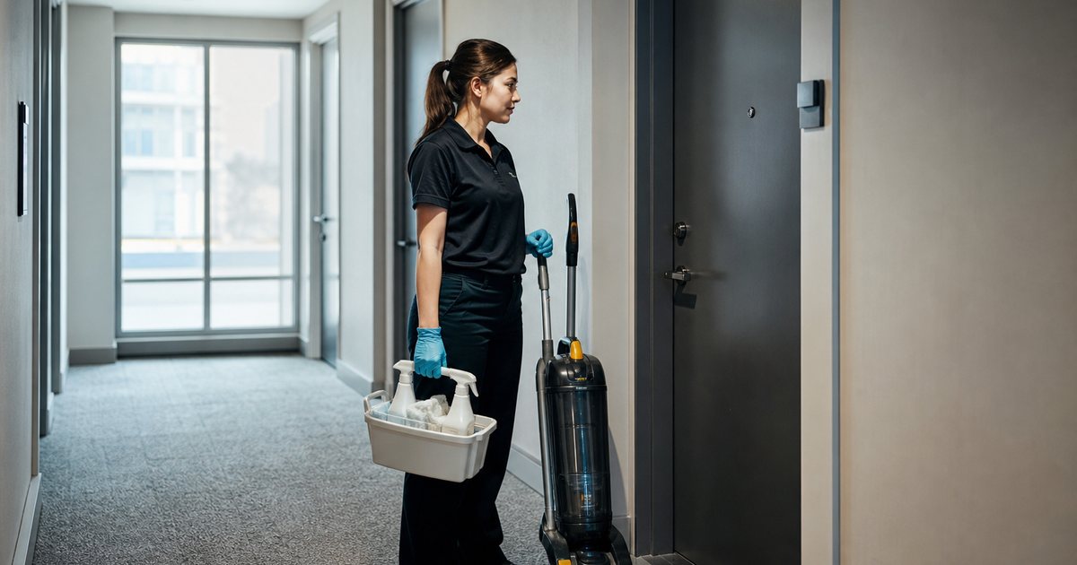 A cleaner standing in an apartment building hallway with a vacuum and a caddy of supplies, waiting beside a closed unit door, mid-morning light from a window at the end of the hall
