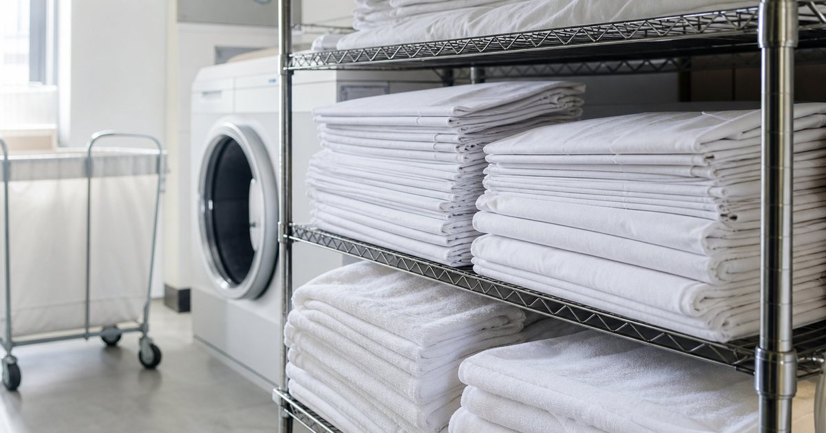 Stacks of folded white bed sheets and towels on wire shelving in a bright laundry room, a rolling cart and a front-loading washer nearby