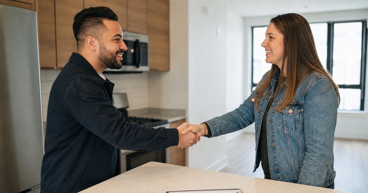 Two people shaking hands at a kitchen island in a bright rental apartment, a clipboard and a set of keys on the counter between them