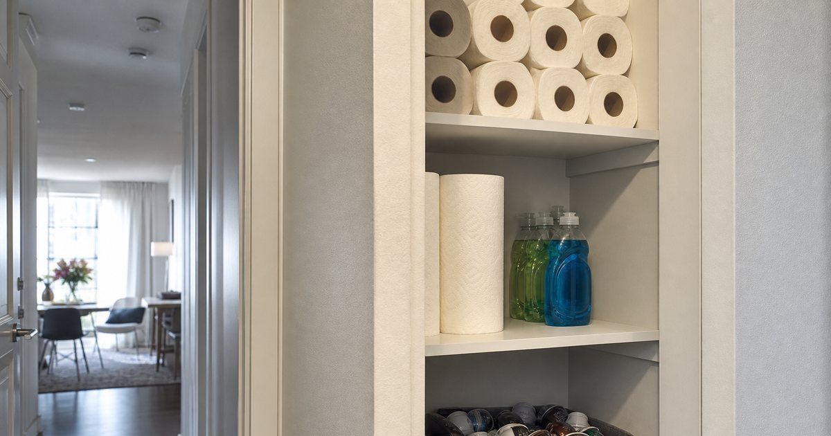 An open hallway closet in a rental apartment stocked with rolls of toilet paper, paper towels, bottles of dish soap and a bin of coffee pods, neatly arranged on shelves