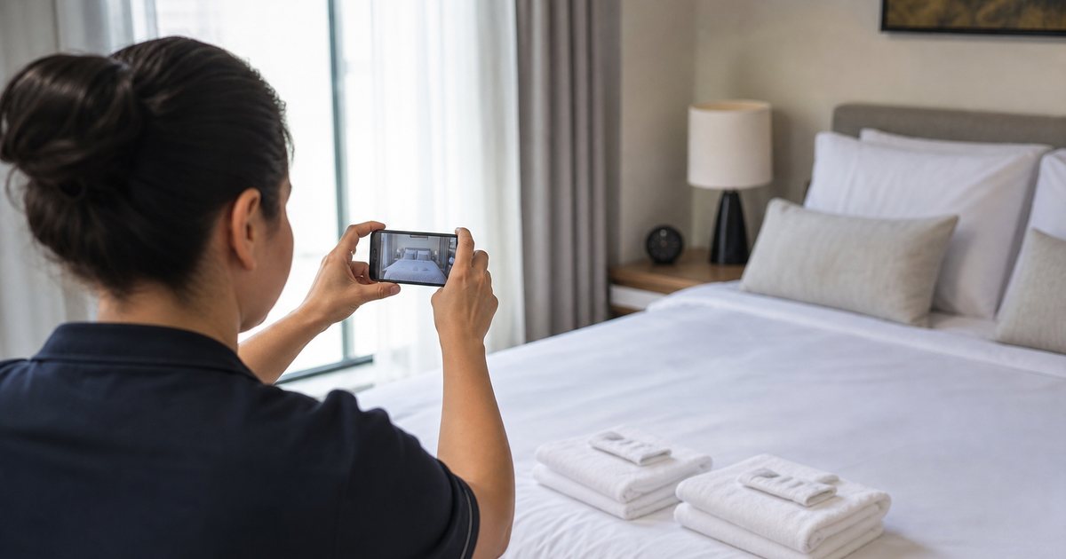 A cleaner holding up a smartphone to photograph a neatly made bed with white linens in a sunlit bedroom, folded towels at the foot of the bed