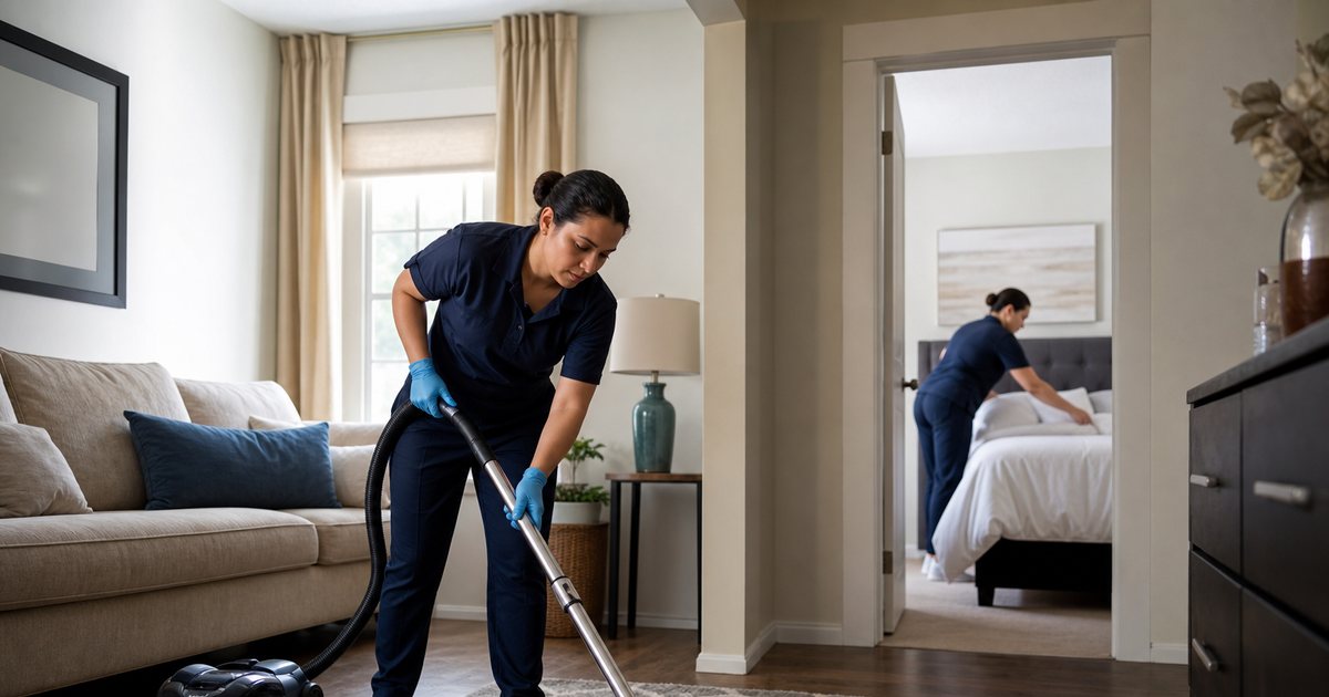 A cleaner vacuuming a living room rug in a two-bedroom apartment while a second person makes a bed visible through the doorway, afternoon light through the windows
